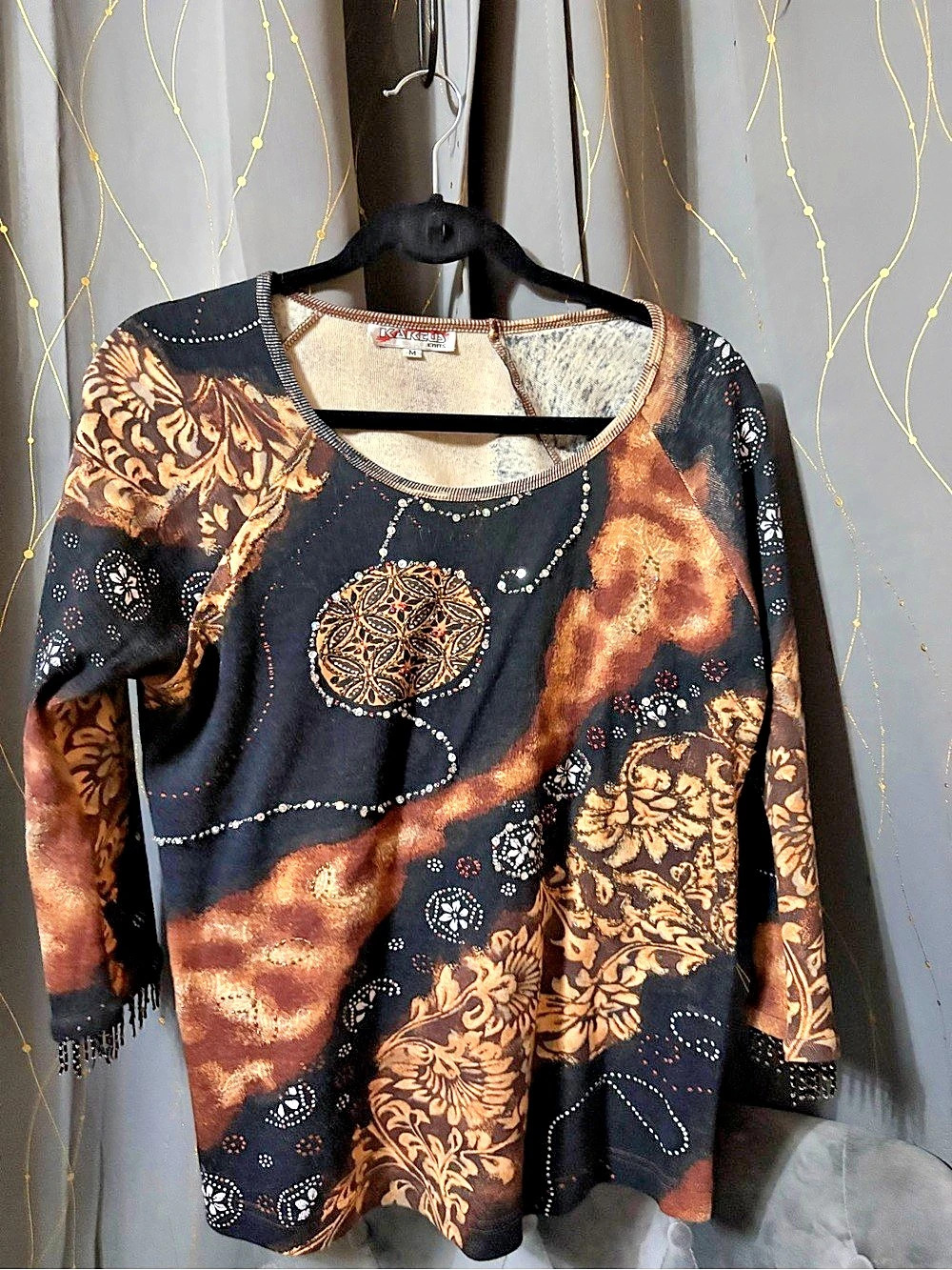 KAKELUS Abstract Embellished Long Sleeve Top in Black & Brown Size Medium